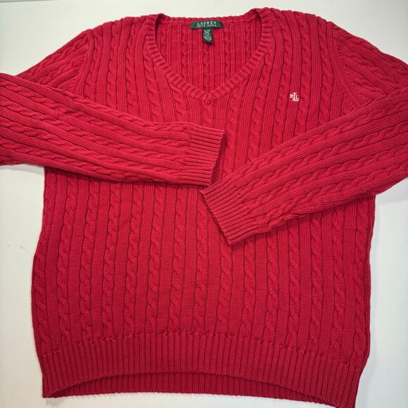 Lauren Ralph Lauren Women's Sweater XL Red Cable Knit Cotton V Neck Preppy Sport - Picture 1 of 8